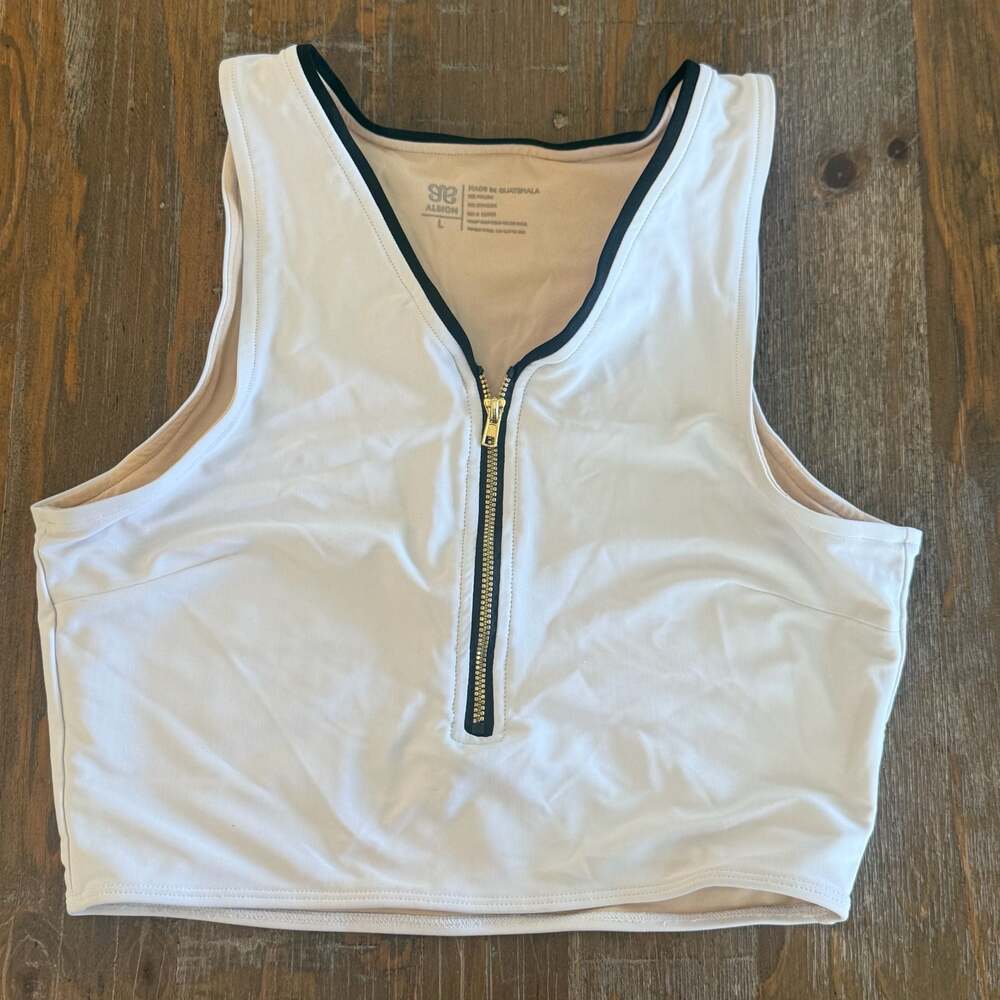 Albion Fit Women's Zip Front Crop swim Tank Top White Size L